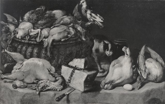 Anonimo — Arbotori Bartolomeo - sec. XVII - Natura morta con testa di vitello, formaggio, gatto in agguato e bacile sbalzato con selvaggina — insieme